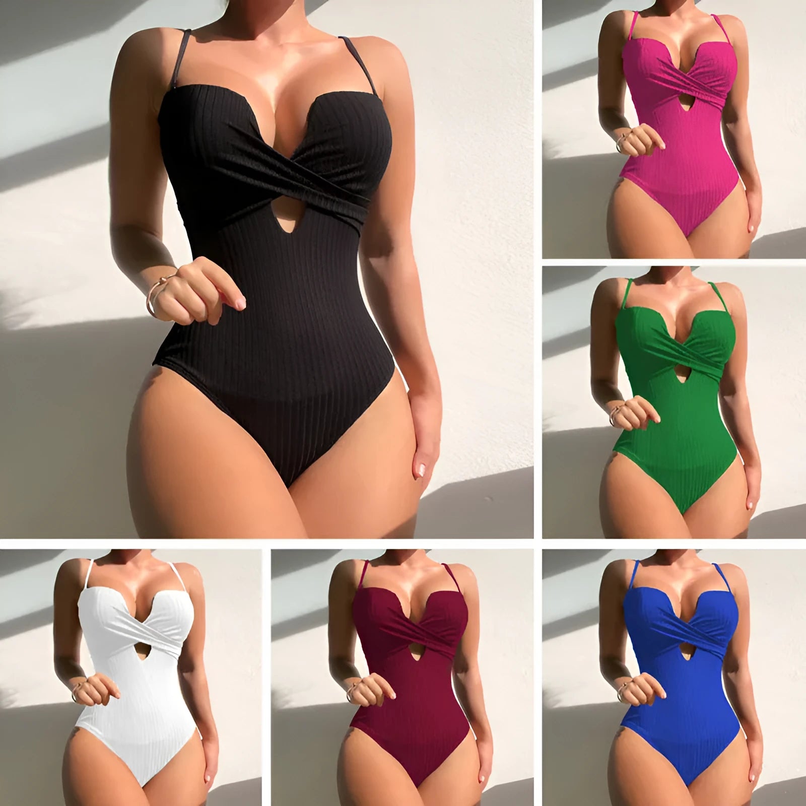Women's solid colour one-piece swimsuit in polyester available in rose red, burgundy, or white