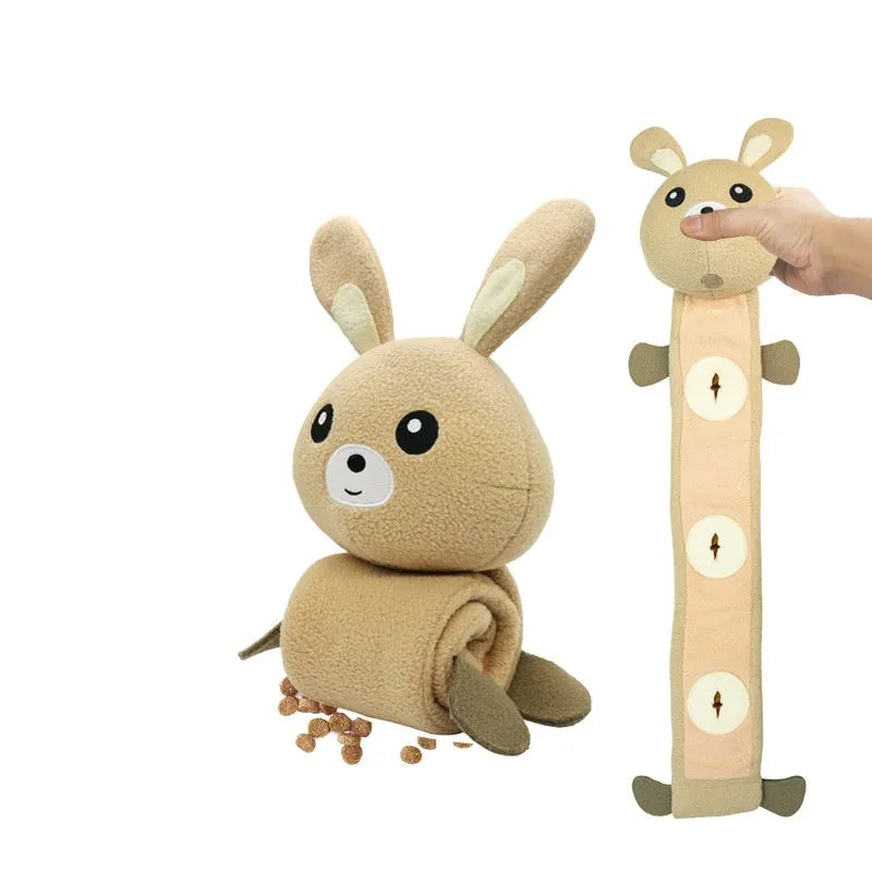 Plush fleece rabbit dog training toy with food compartments and squeaker, measuring 650mm in length