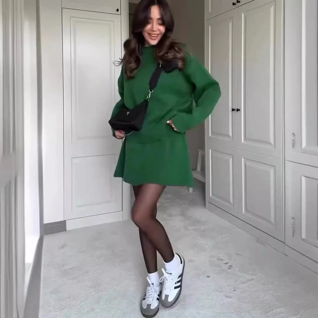Stylish women's knit sweater and mini skirt set in various colors