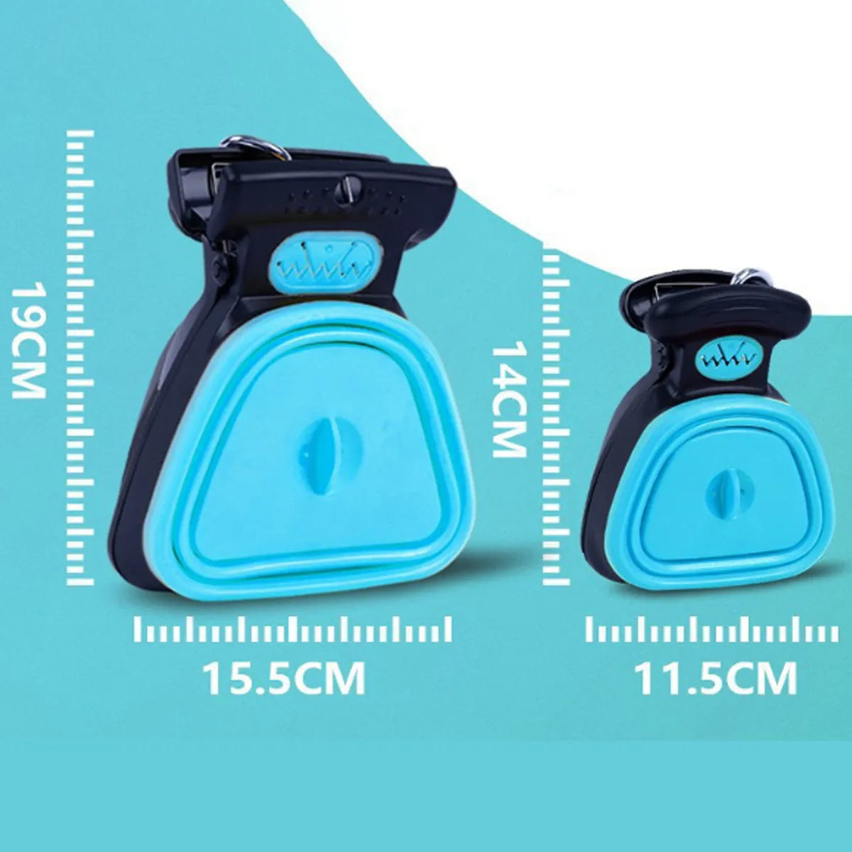 Blue handheld dog pooper scooper with attached bag dispenser and carabiner clip on a leash.