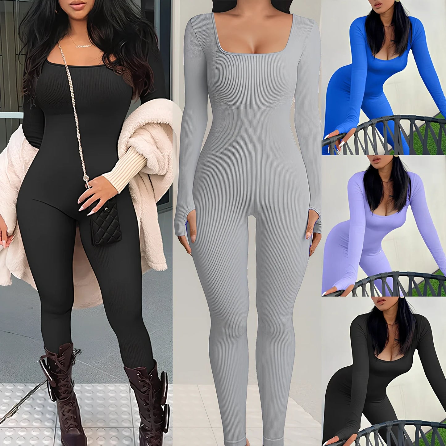 Black threaded square collar jumpsuit with slimming buttocks panel, cotton fabric, sizes S-3XL, 140cm length