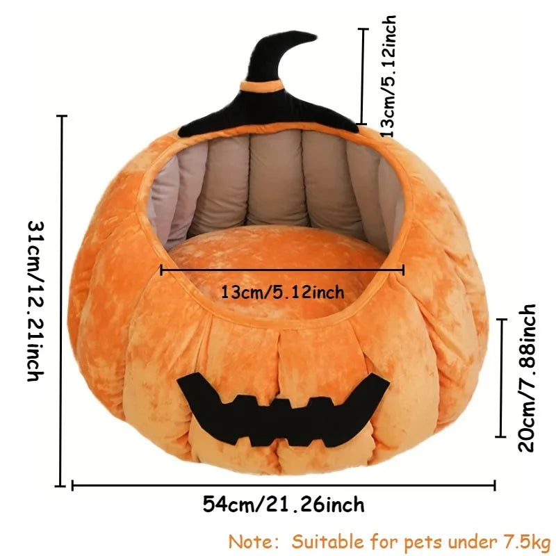 Halloween pumpkin cat bed with cartoon devil design in plush fabric for cats and small dogs