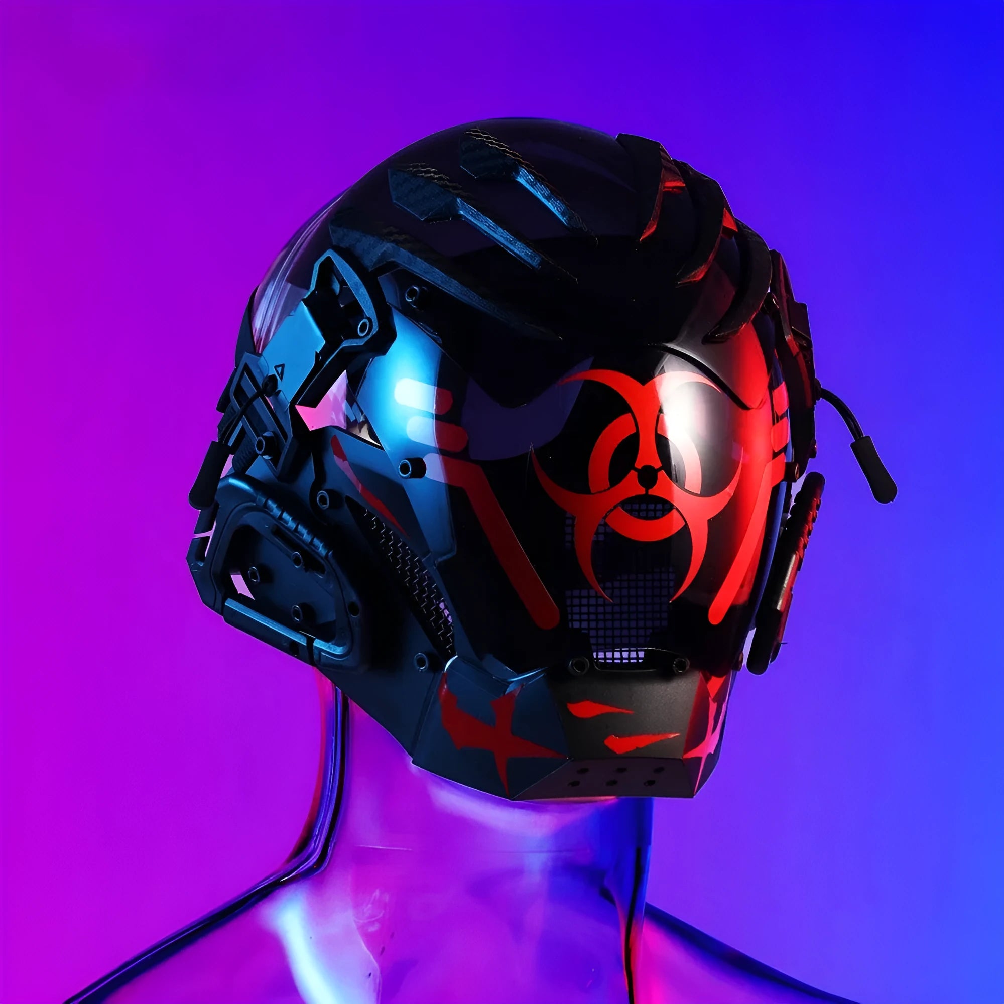 Black full-face cyberpunk prop mask helmet for cosplay and parties.