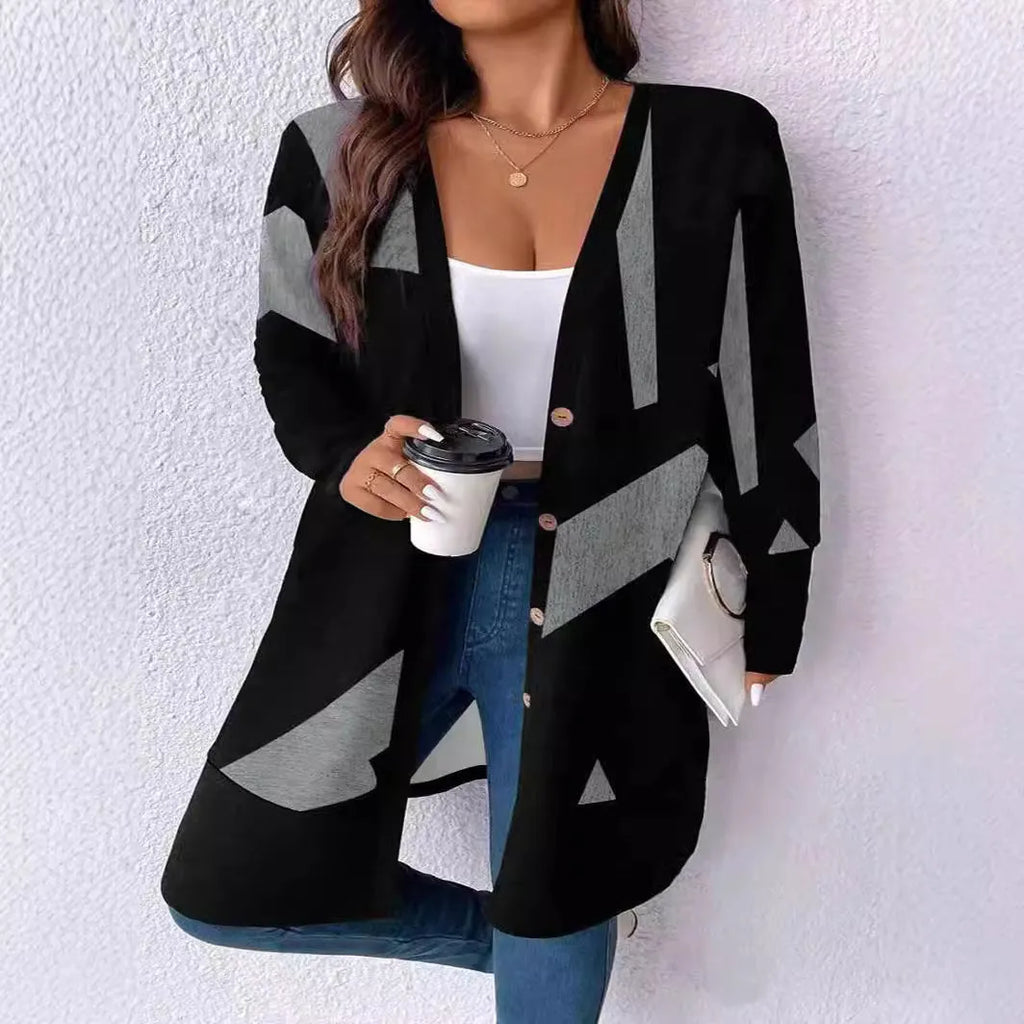 Black plus size casual cardigan coat with button stitching and printing details