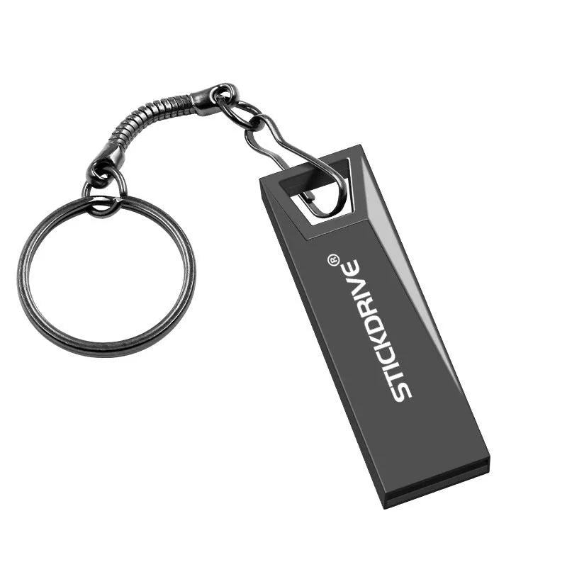 Metal high-speed car design USB flash drive with chain on a black background.