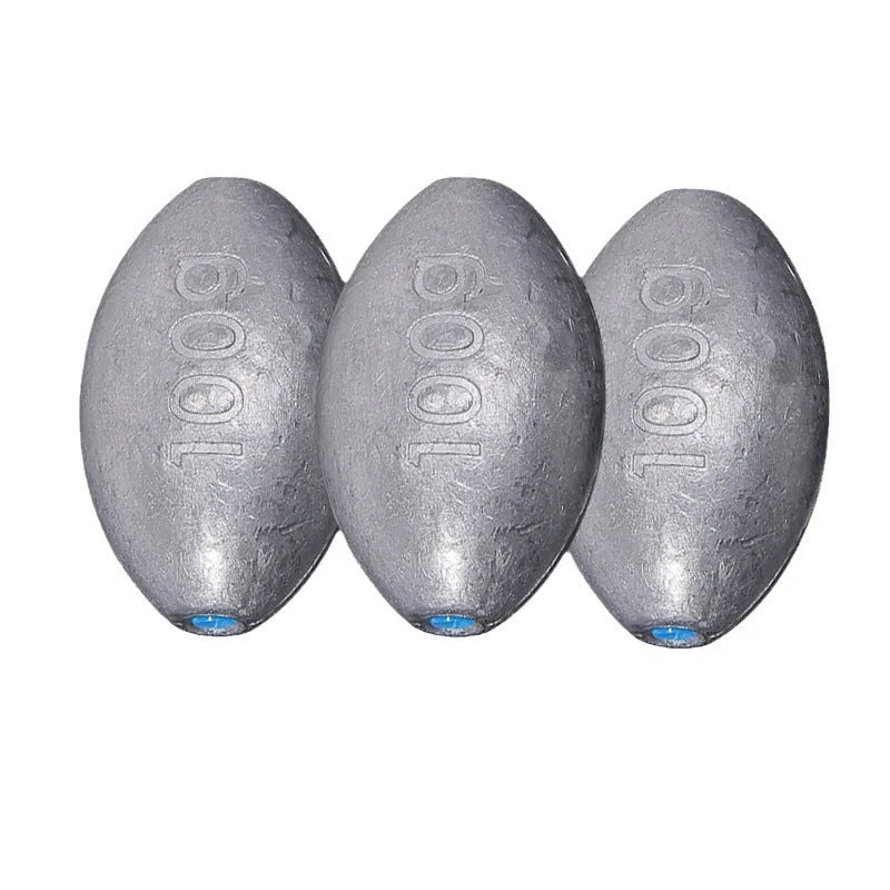 Rugby-shaped olive lead fishing sinker with scale texture, showing plastic core and weight options from 10g to 150g.