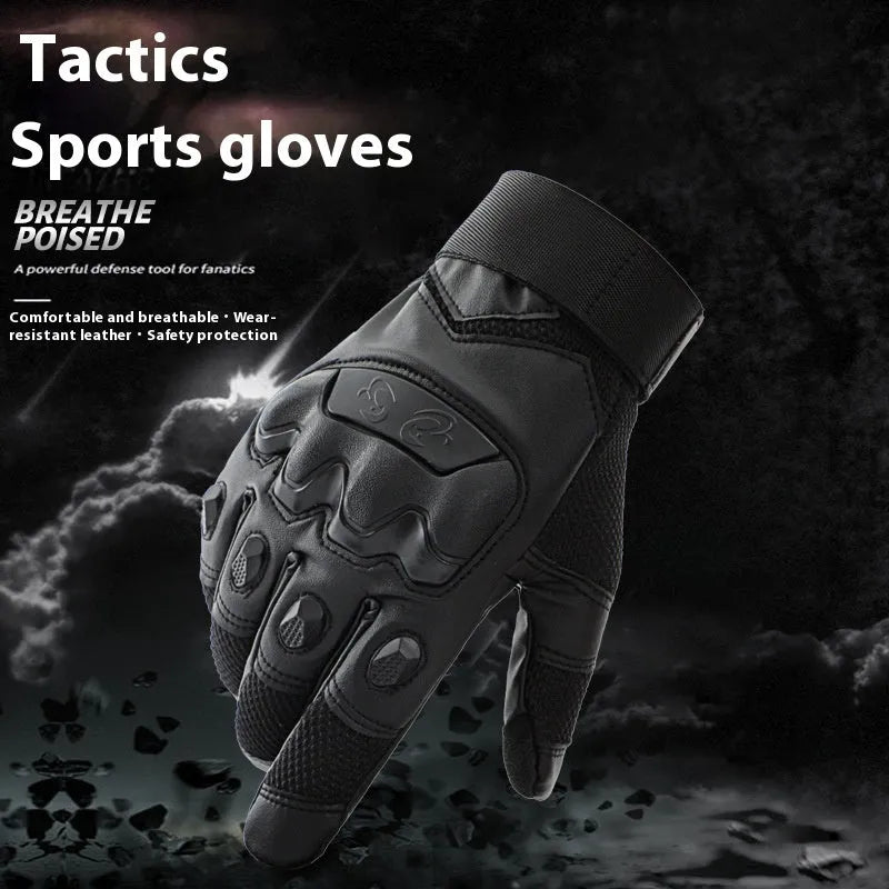 Men's black tactical training gloves with full finger design and touch screen-compatible fabric on a solid background.