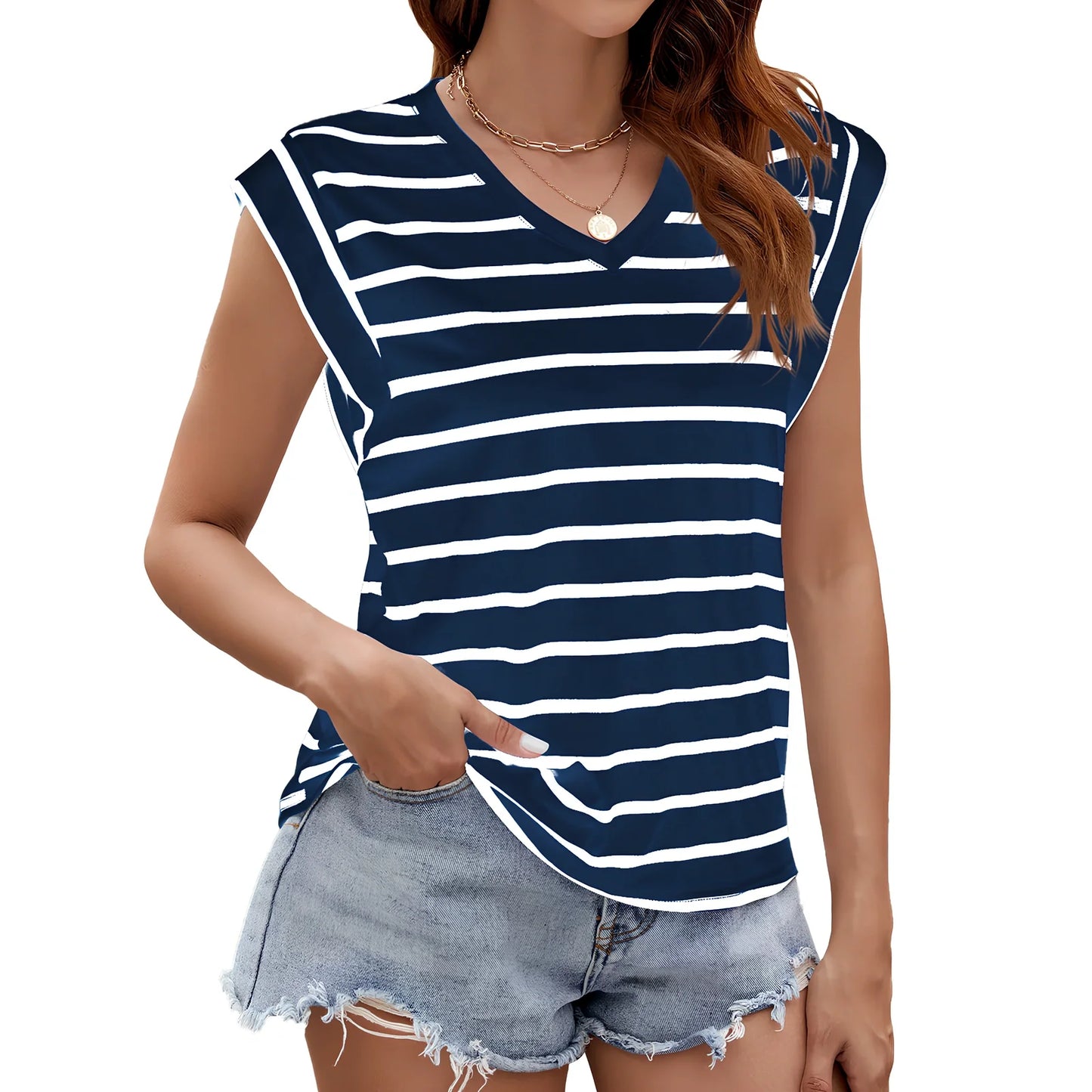 Women's striped V-neck short-sleeve t-shirt in loose fit with breathable cotton-polyester blend fabric