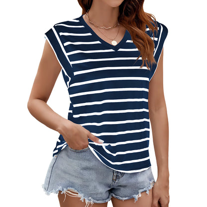 Women's striped V-neck short-sleeve t-shirt in loose fit with breathable cotton-polyester blend fabric