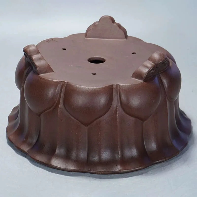 Square purple sand ceramic bonsai planter in antique Chinese petal basin style.