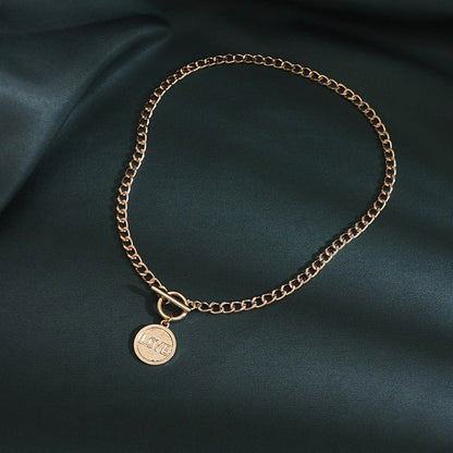 Retro U-shaped double-layer metal chain tag necklace with sparkling rhinestone pendant