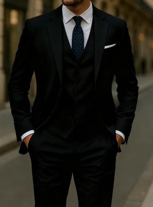 Men's business casual three-piece suit in polyester, jacket, vest, and trousers, available in multiple colours and sizes XS to 5XL