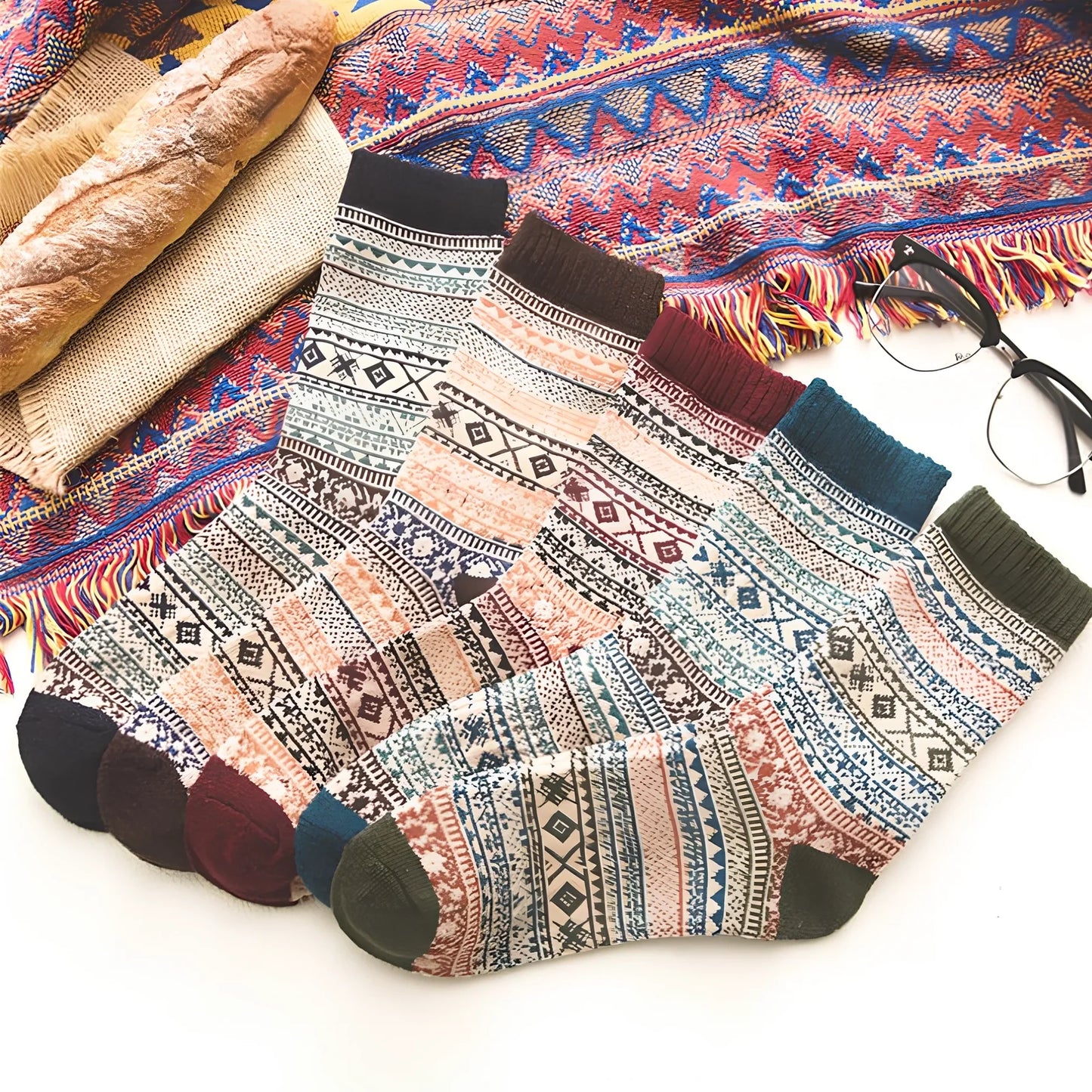 Pack of 5 thick stripe wool blend socks in various colours, featuring 15% rabbit hair for winter warmth, fitting sizes 39-42