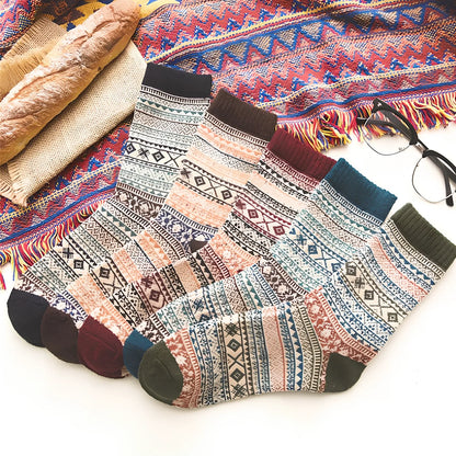 Pack of 5 thick stripe wool blend socks in various colours, featuring 15% rabbit hair for winter warmth, fitting sizes 39-42