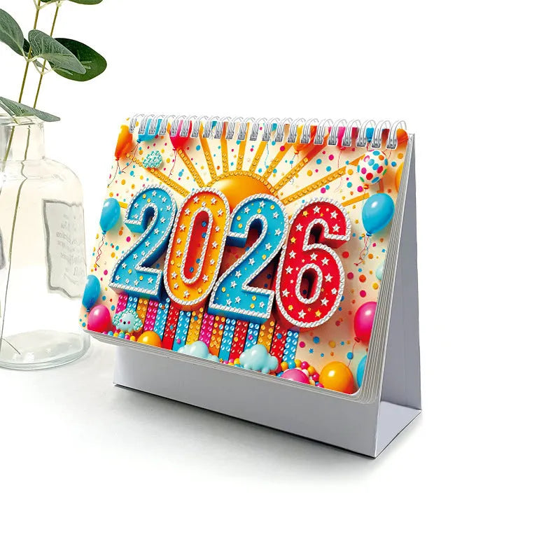 Cartoon desk calendar with stick-on crystals diamond painting on white card, frameless design, style options TL001-TL004