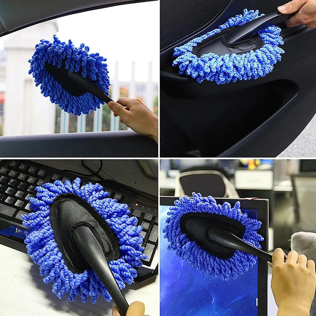 Car dust collector with retractable handle and five fibre brush heads on a car dashboard