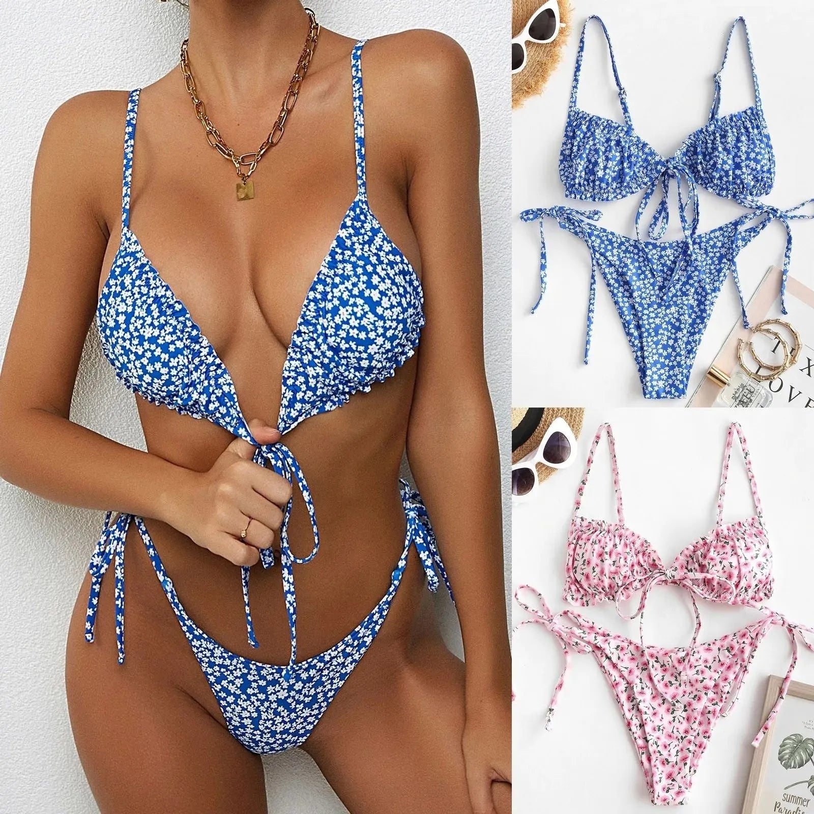 Women's printed multi-rope banded bikini swimsuit with short sleeves and lapel collar