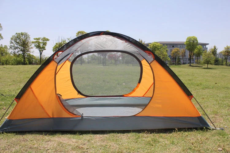 Double layer rainproof camping tent in green, orange, and blue for outdoor adventures
