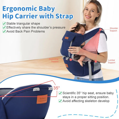 Multi-functional baby waist stool carrier in light blue, grey, and dark blue options