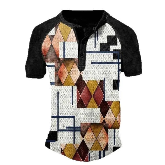 A man's short sleeve polo shirt in bird eye cloth with a simple lapel and button front, shown in a colour matching pattern.