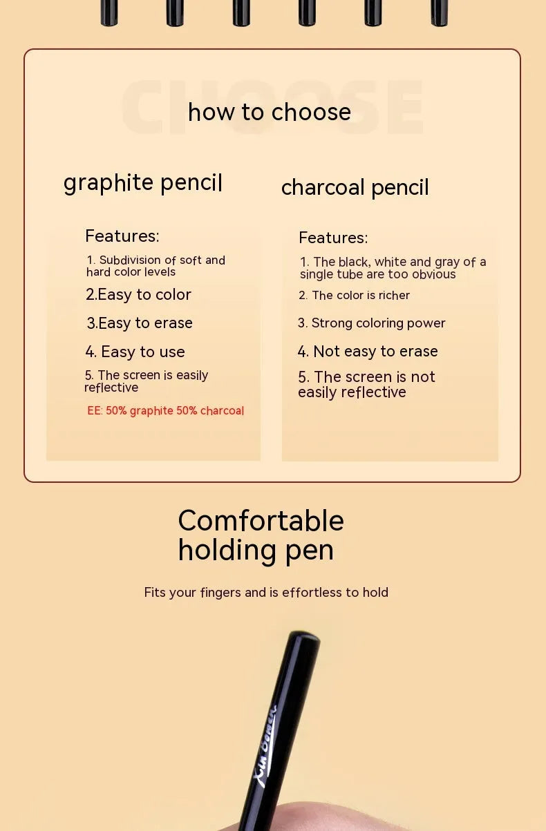 Set of six wood-free graphite art pencils with different grade markings: HB, 2B, 4B, 6B, 8B, and EE.