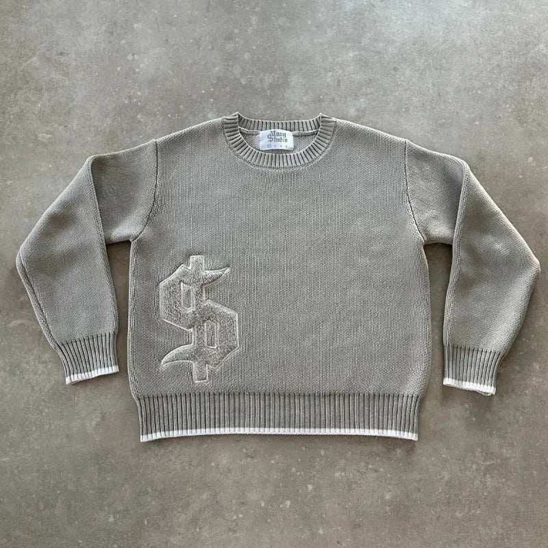 Grey jacquard knit pullover coat with loose fit and long sleeves for autumn winter wear