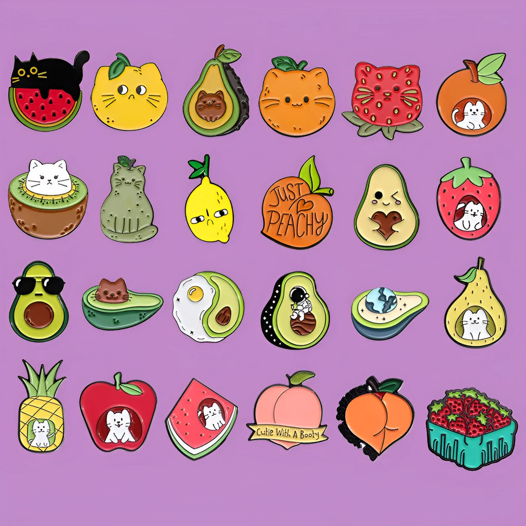 Colourful cartoon fruit and letter design metal brooch with pin fastener.