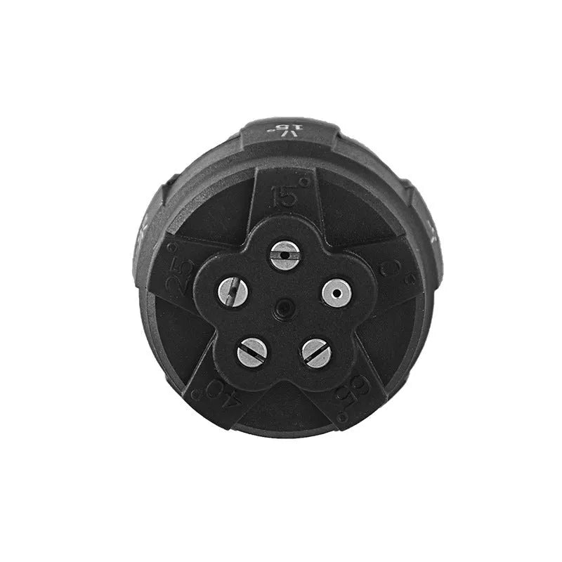 Multi-functional five-in-one spray nozzle for high-pressure water guns, showing selector for five patterns.