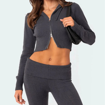 Women's knitted hooded suit with zipper cropped top and slim flared pants in street fashion style