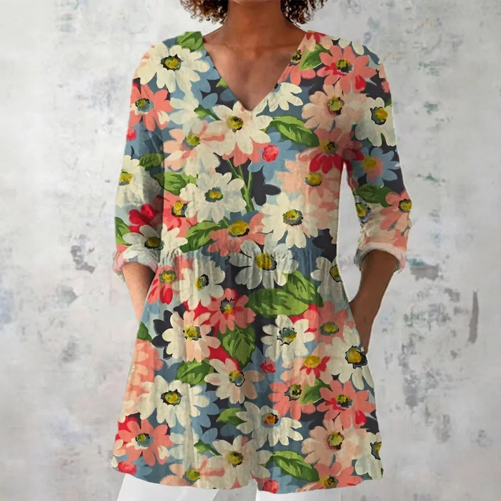 Women's slim-fit long-sleeve top with a retro digital print pattern in a colour style option.