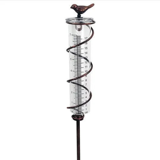 Cast iron and glass outdoor hyetometer with bird design for garden rainfall measurement