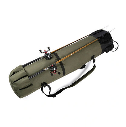 Black cylindrical fishing bag showing 116cm length and 23.5cm diameter with fishing rod storage