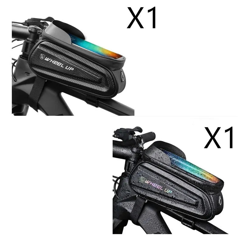 Black grey mountain bike bag with reflective strips and Velcro straps attached to bicycle frame