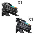 Black grey mountain bike bag with reflective strips and Velcro straps attached to bicycle frame
