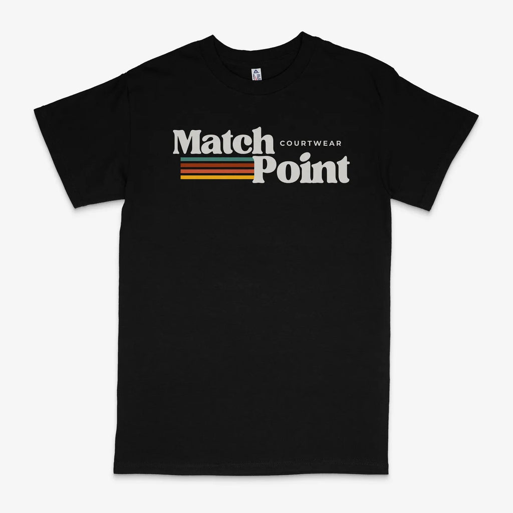 Black men's short sleeve tee shirt with a printed text pattern on the front.