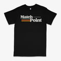 Black men's short sleeve tee shirt with a printed text pattern on the front.