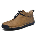 Men's casual leather shoes with pointed toe and mid-heel in black, blue, green, or khaki colours