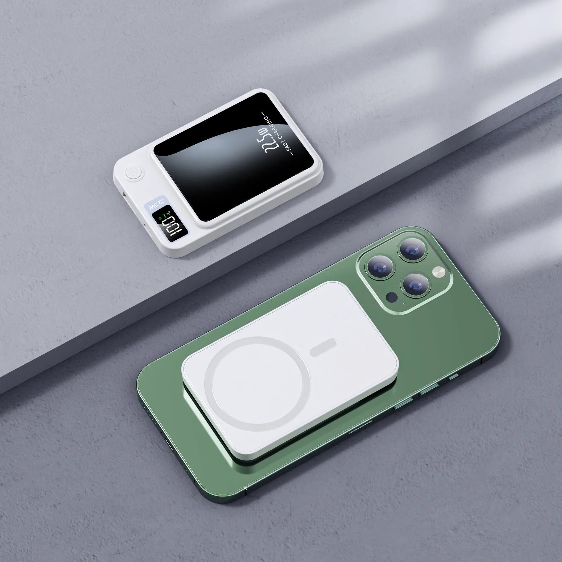 Wireless MagSafe power bank in black, white, purple, or green with industrial plastic shell