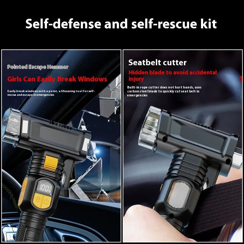 16-function automobile safety hammer flashlight with red warning light and power bank, ABS construction, 1800mAh battery