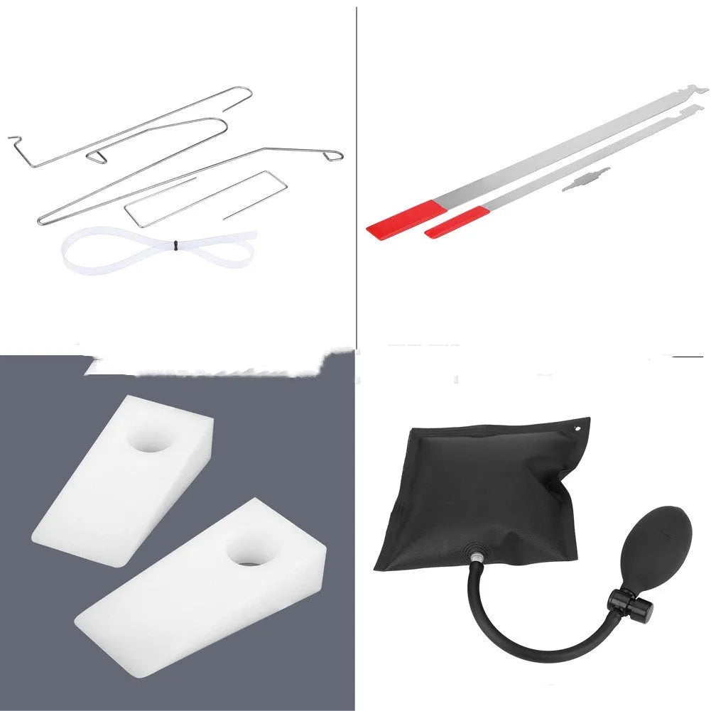 9-piece automotive maintenance tool set with air pump wedge and emergency access tools