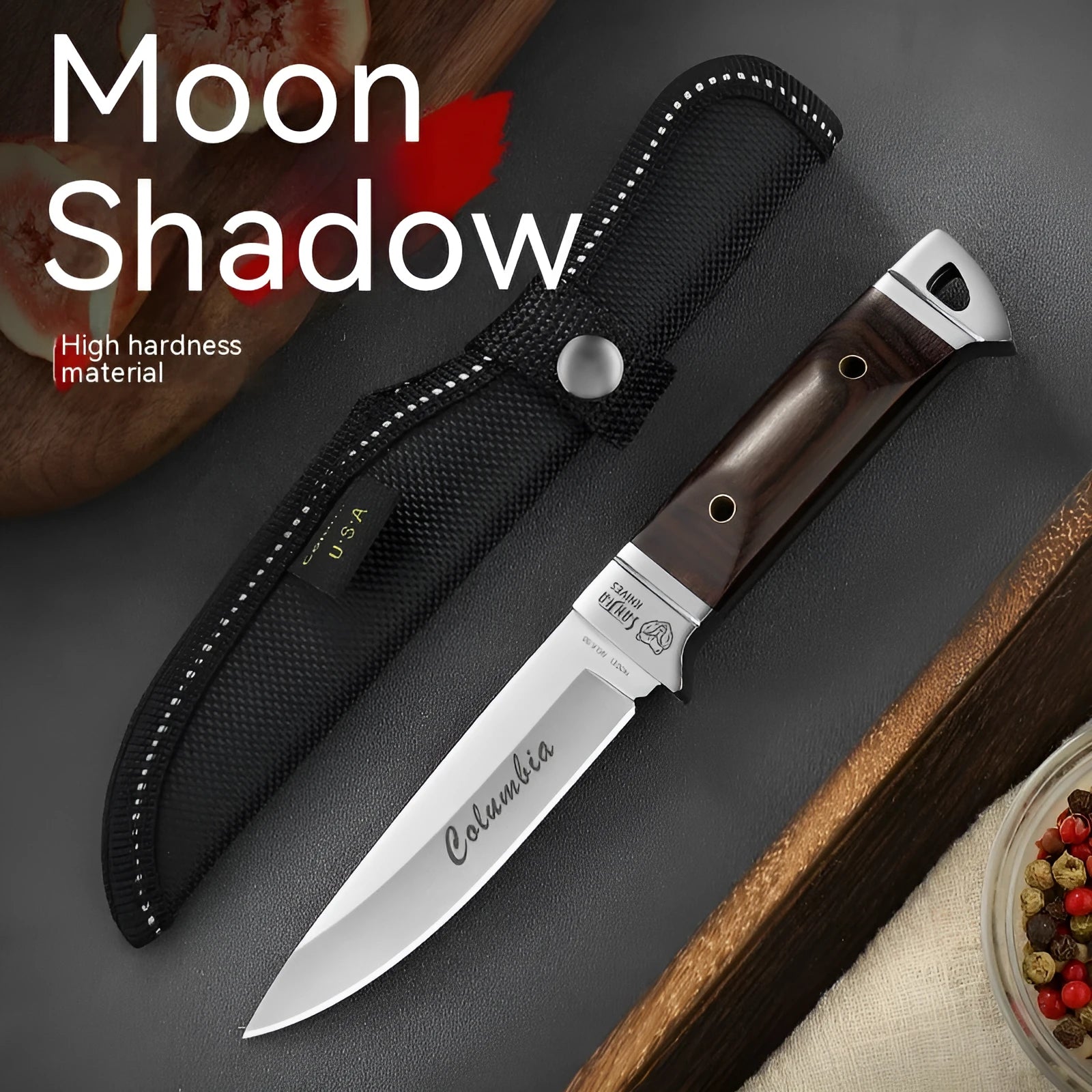 Camping multifunctional portable fruit knife with stainless steel blade and brown leather case.