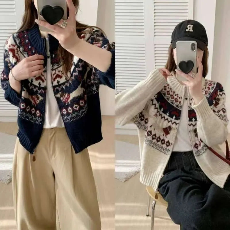 Ethnic Jacquard pattern pullover sweater with 3D effect in loose fit.