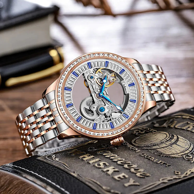 Men's luxury zircon mechanical watch on wrist with rose gold stainless steel strap.