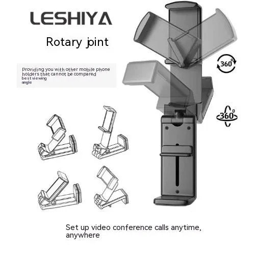 Foldable rotating phone holder in black showing adjustable angle mechanism with phone in landscape position