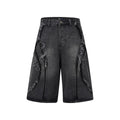 Distressed denim shorts with raw edge detailing in straight leg cropped cut