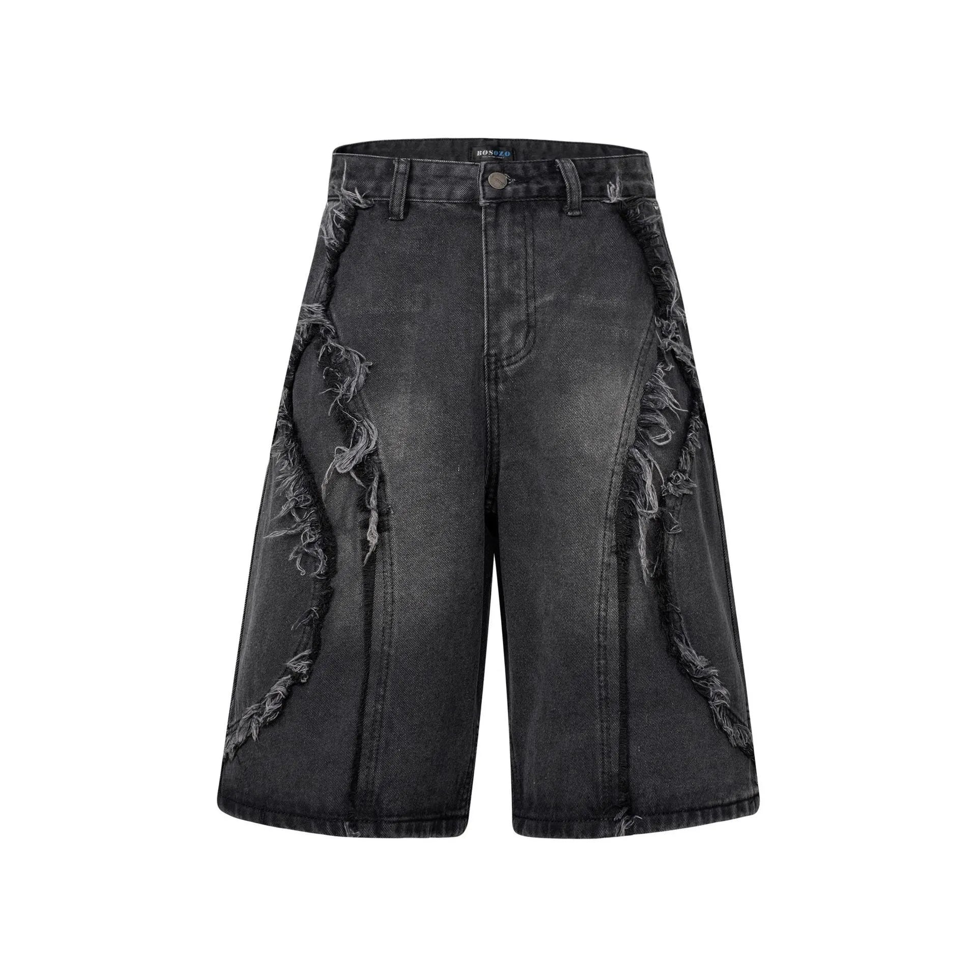 Distressed denim shorts with raw edge detailing in straight leg cropped cut