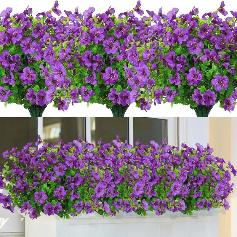 Single plastic artificial eucalyptus flower in violet with injection-moulded petals against a plain background
