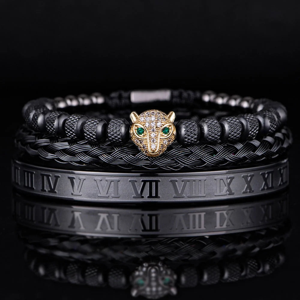 Leopard Head Set Mesh Pineapple Pearl Roman Bracelet in titanium steel with animal zodiac design