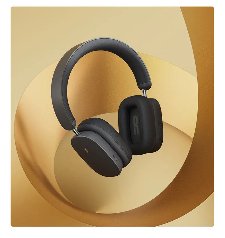 Active noise reduction Bluetooth 5.2 headset in beige with head-mounted design and microphone