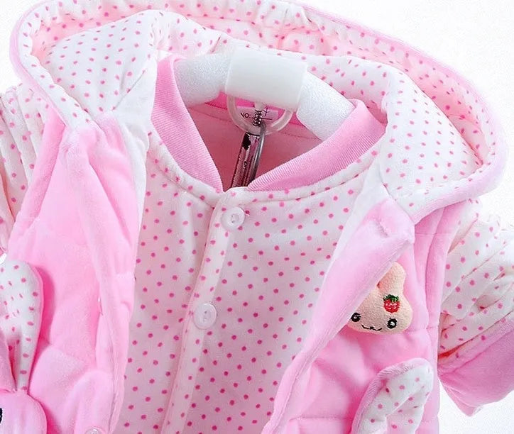 Baby girls autumn winter three-piece clothing set with jacket, pants, and vest in flannel cotton